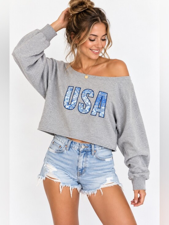 JoyLab Tops - JoyLab Gray Off-Shoulder USA Graphic Cropped Sweatshirt Size Large
